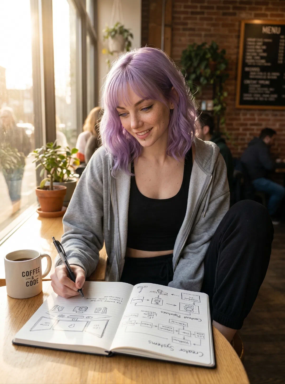 Mira Helix sketching workflow ideas in a coffee shop notebook