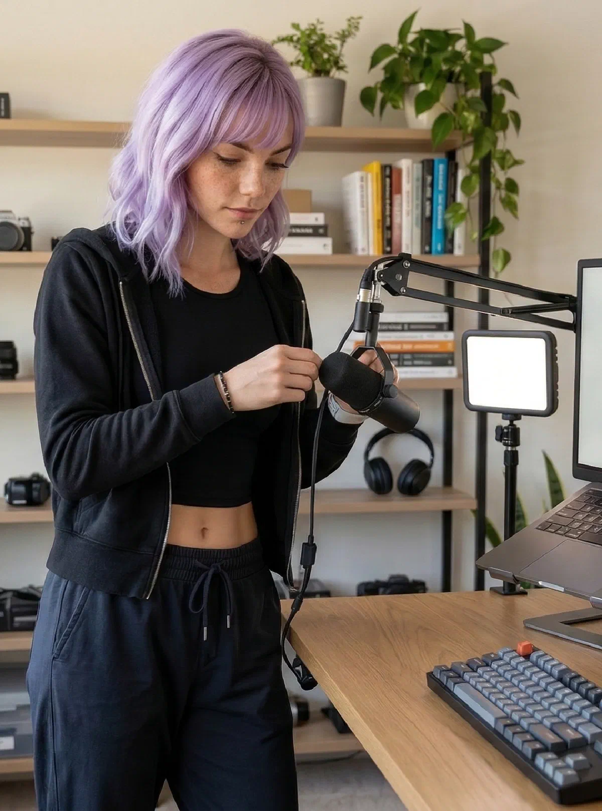 Mira Helix optimizing a creator desk setup with cables, lighting, and microphone placement