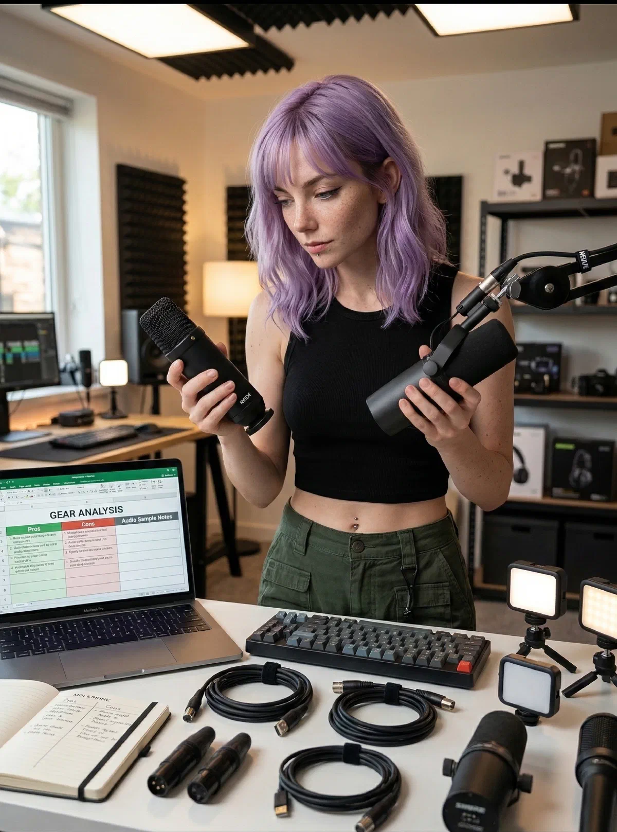 Mira Helix comparing microphones and creator gear in her studio lab