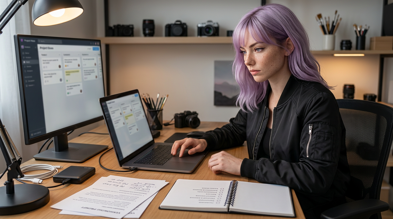 Creator workstation with organized AI workflow documents, backup drive, and stable production checklist