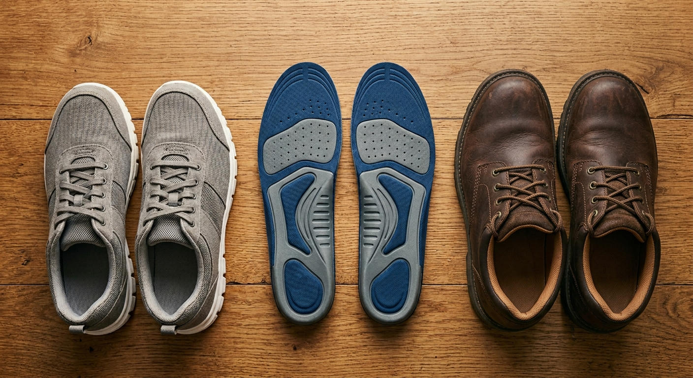 Supportive insoles arranged beside sneakers and work shoes for flat feet