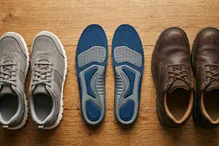 Supportive insoles arranged beside sneakers and work shoes for flat feet