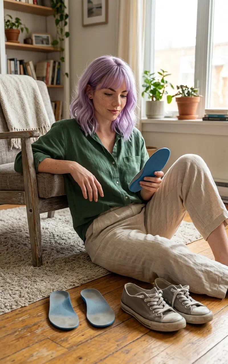 Mira at home with supportive insoles and simple walking shoes after a long day on her feet