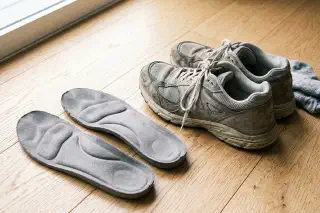 Supportive insoles beside everyday shoes for high-arch comfort