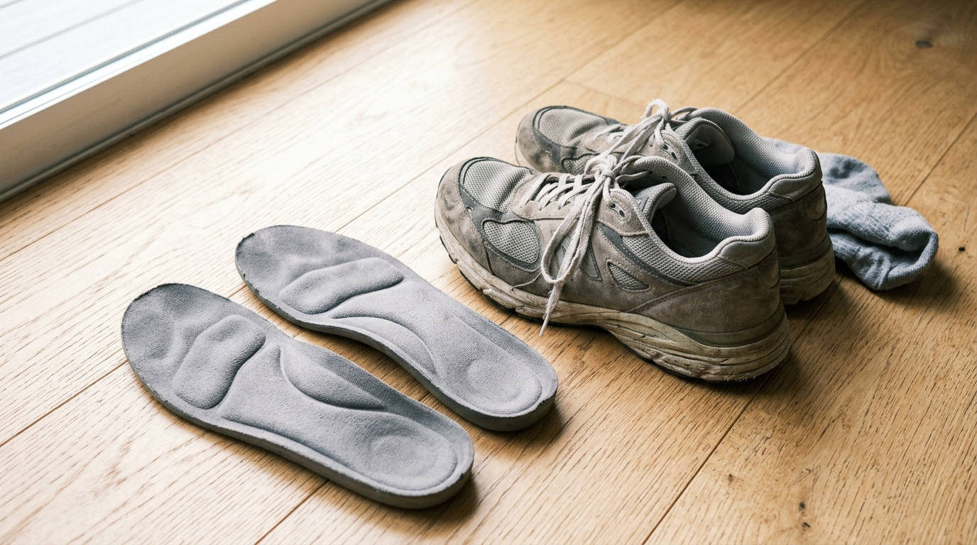 Supportive insoles beside everyday shoes for high-arch comfort