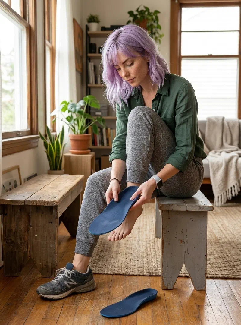 Mira checking a supportive insole with a pronounced arch contour beside her everyday shoes