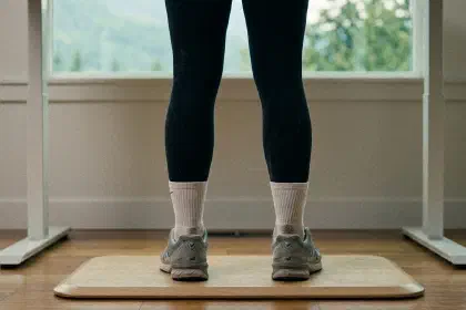 Supportive insoles arranged beside work boots and sneakers on a hardwood floor