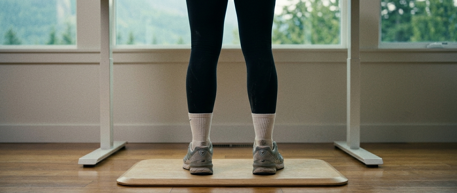Supportive insoles arranged beside work boots and sneakers on a hardwood floor