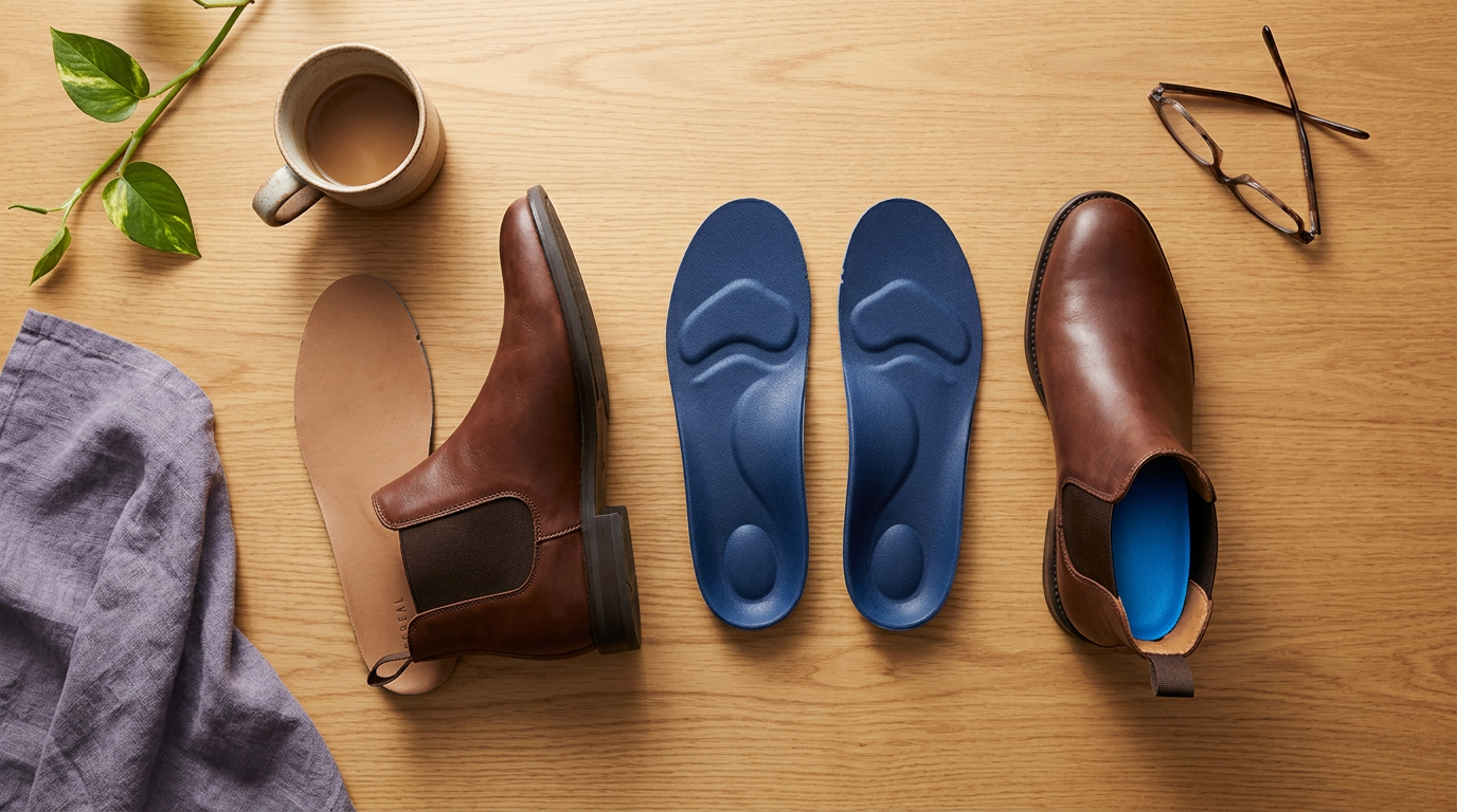 Overhead flat-lay of orthotic insoles next to a Chelsea boot with its factory insole removed on a warm wood desk surface