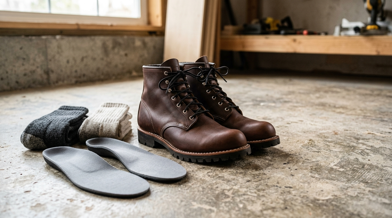Supportive insoles beside work shoes on a concrete floor