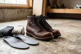 Supportive insoles beside work shoes on a concrete floor