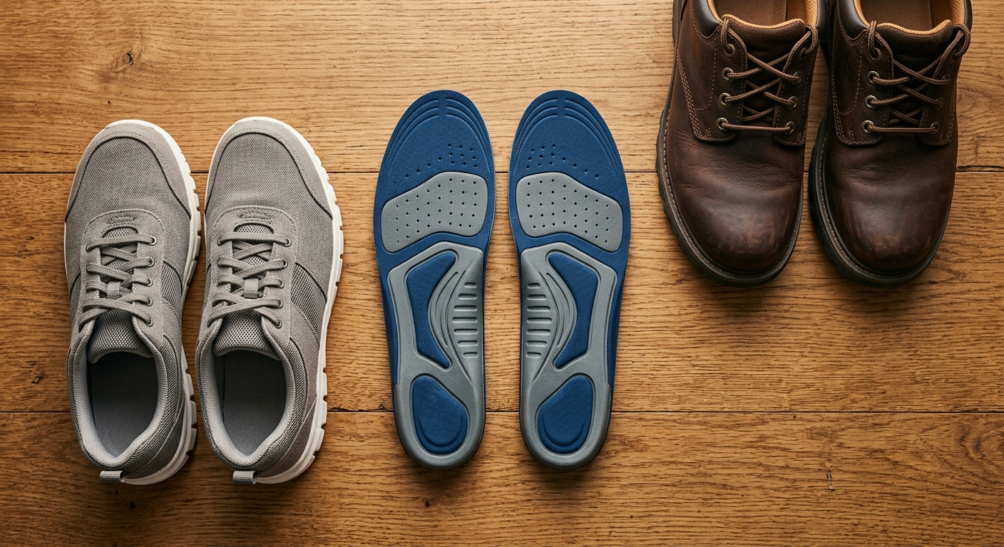 Supportive insoles beside sneakers and work shoes for long walking days