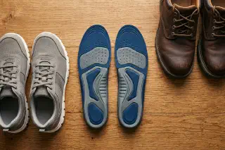 Supportive insoles beside sneakers and work shoes for long walking days