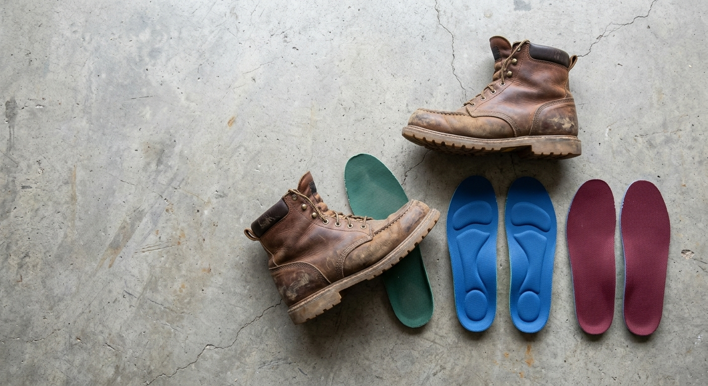 Supportive insoles beside broken-in leather work boots on a hard shop floor