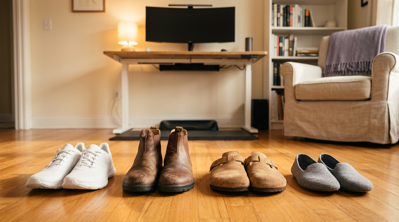 Four types of standing desk footwear in a row on hardwood — cushioned trainer, Chelsea boot, cork clog, and flat slipper — with a standing desk in soft focus behind
