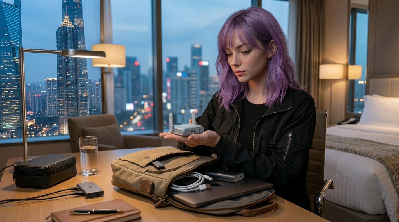 Mira in a hotel room holding a compact travel router beside a remote-work bag and laptop