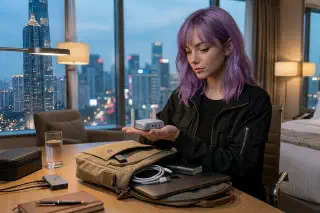 Mira in a hotel room holding a compact travel router beside a remote-work bag and laptop