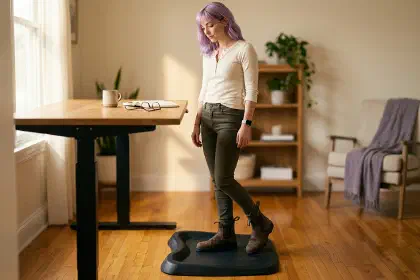 Low-angle view of Mira in Blundstone Chelsea boots on a contoured anti-fatigue mat at her standing desk