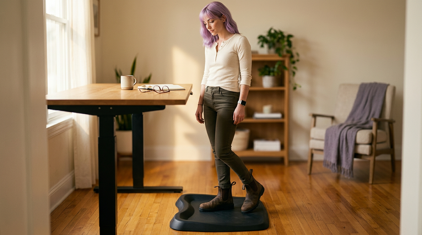 Low-angle view of Mira in Blundstone Chelsea boots on a contoured anti-fatigue mat at her standing desk