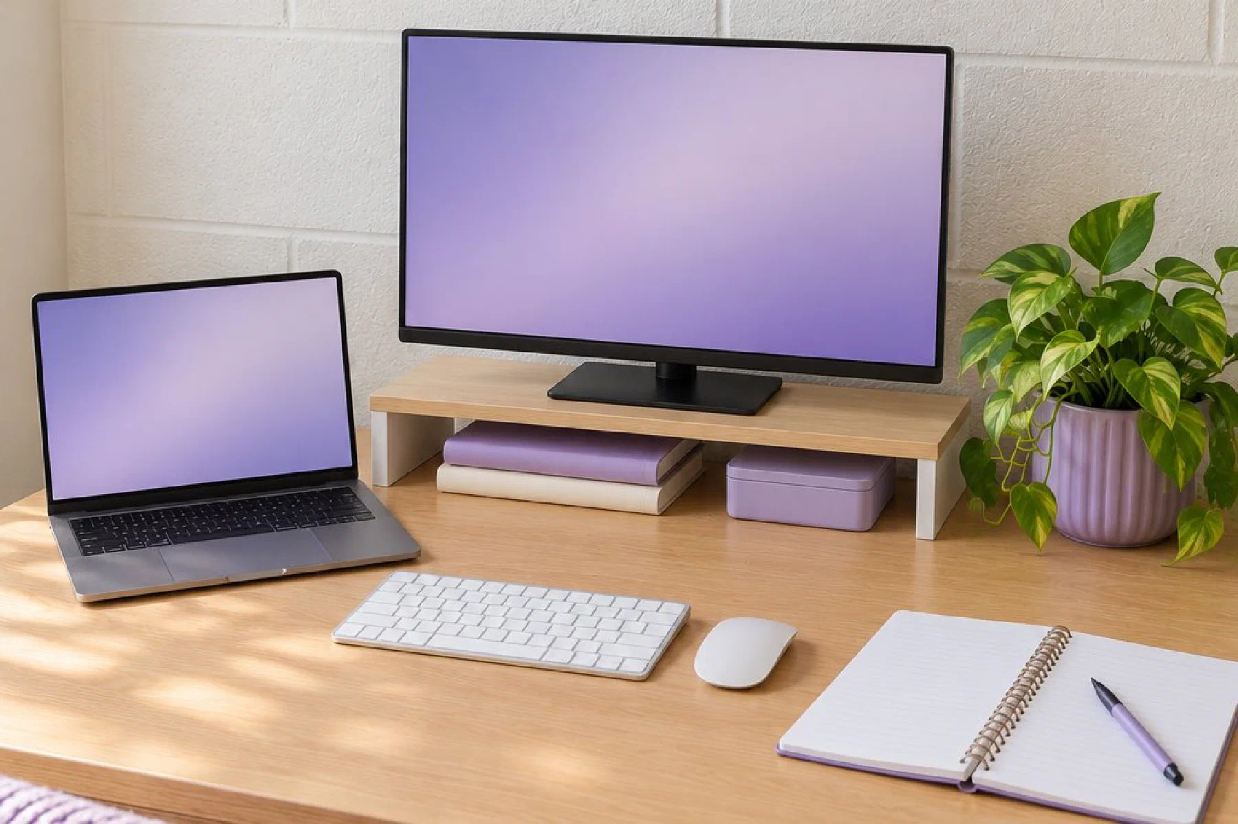 A dorm desk with a laptop and a monitor: monitor on a wooden riser at the back with storage boxes underneath, laptop to the left, keyboard and mouse in the middle, an open notebook on the right and a plant in the back-right corner