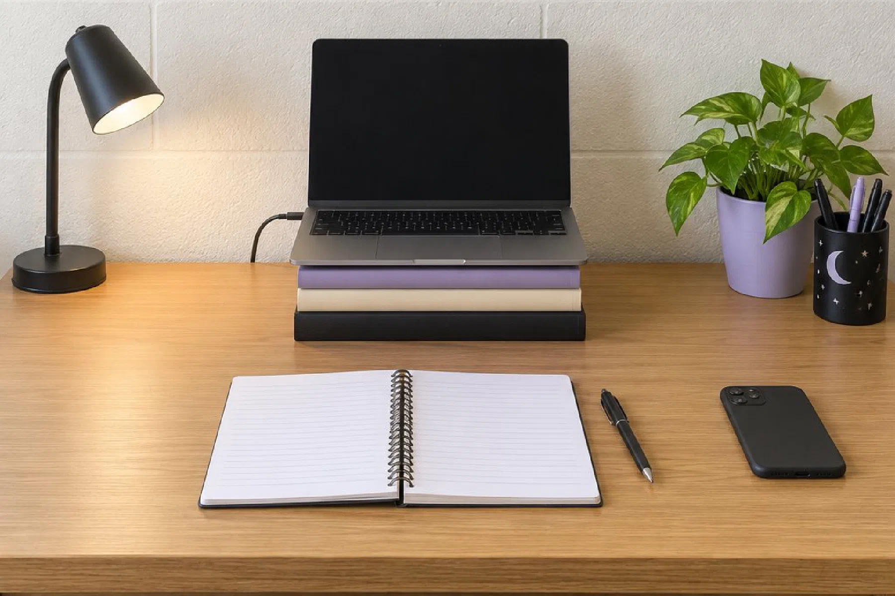 A laptop-only dorm desk in daylight: laptop raised on a stack of books at the back center, a black desk lamp in the back-left corner, a plant and a pen cup at the back right, an open notebook in front of the chair and a phone at the front right