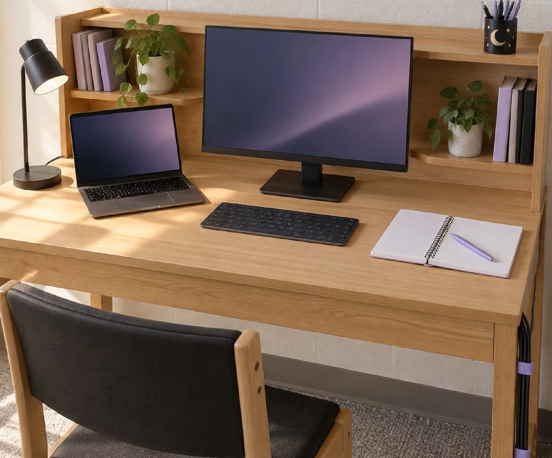 A dorm desk with a built-in wooden hutch: a monitor on its own stand in the middle, laptop and a freestanding lamp on the left, keyboard in the center, an open notebook on the right, and cables tied down the desk leg with removable ties