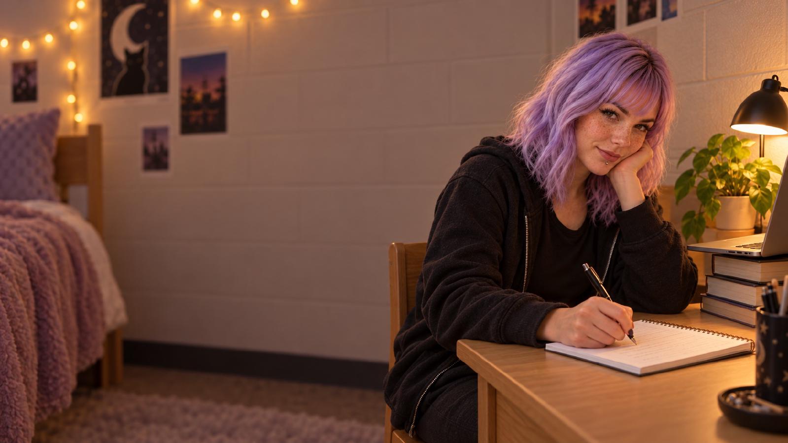 Mira, with lavender hair and a black hoodie, writing in a notebook at a small dorm desk in the evening, laptop raised on a stack of books, a warm desk lamp and a plant in the corner