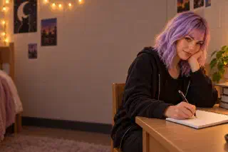 Mira, with lavender hair and a black hoodie, writing in a notebook at a small dorm desk in the evening, laptop raised on a stack of books, a warm desk lamp and a plant in the corner