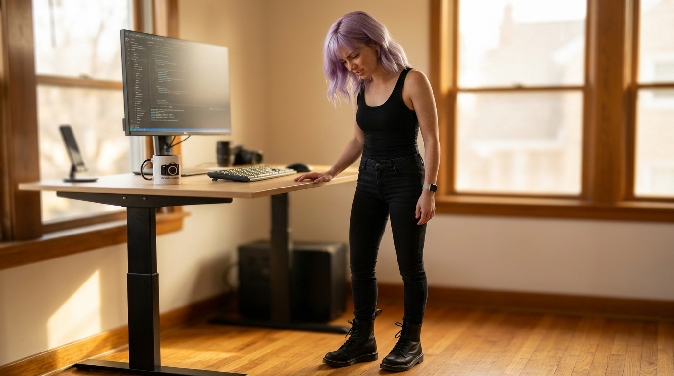 Mira standing at her standing desk in Dr. Martens boots on bare hardwood, looking down at her feet