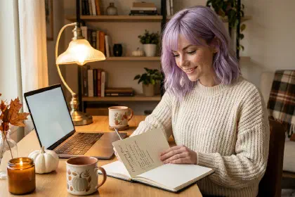 Mira doing a warm autumn desk reset with a checklist, laptop, and subtle Thanksgiving decor