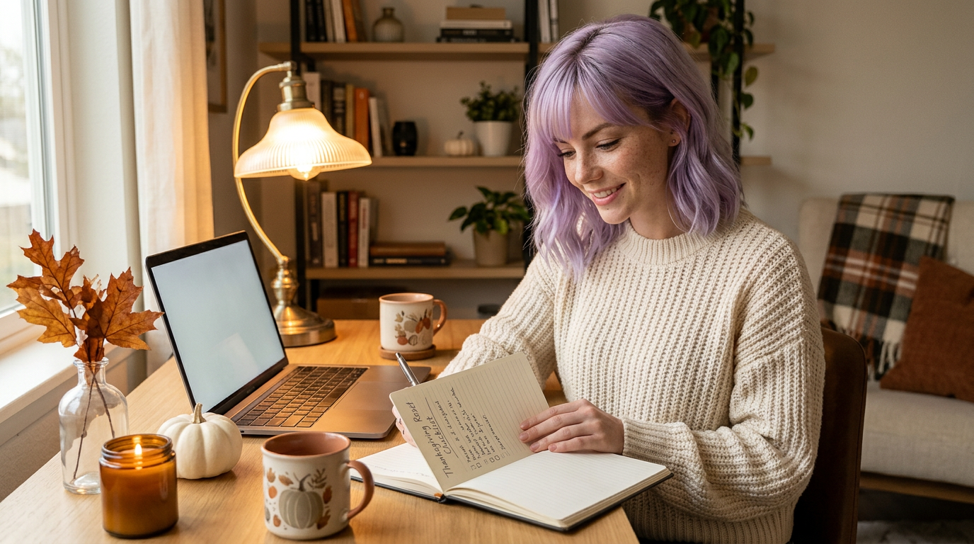 Mira doing a warm autumn desk reset with a checklist, laptop, and subtle Thanksgiving decor
