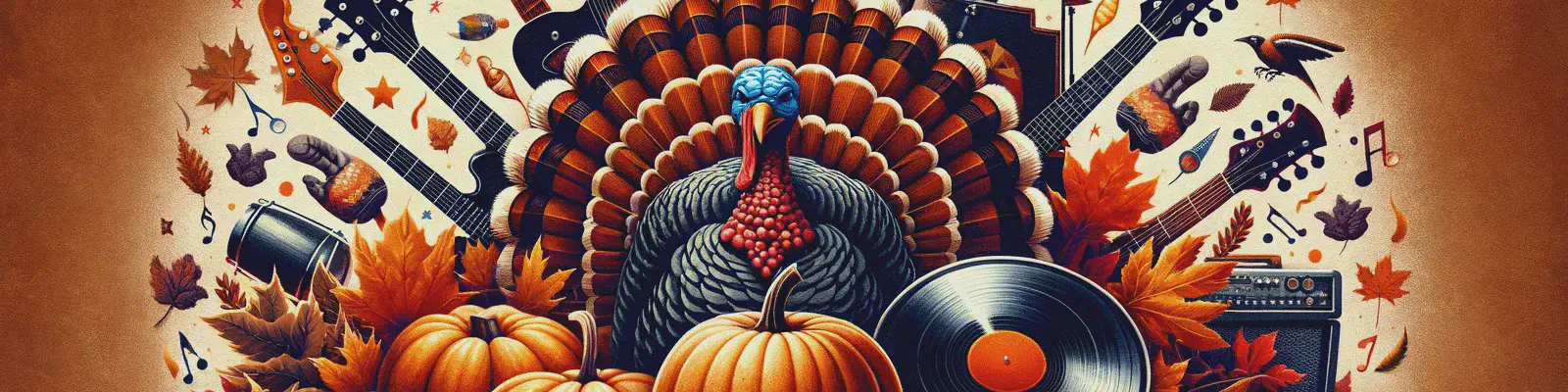 Illustrated turkey with guitars, pumpkins, vinyl records, and autumn leaves in a rock-themed Thanksgiving scene