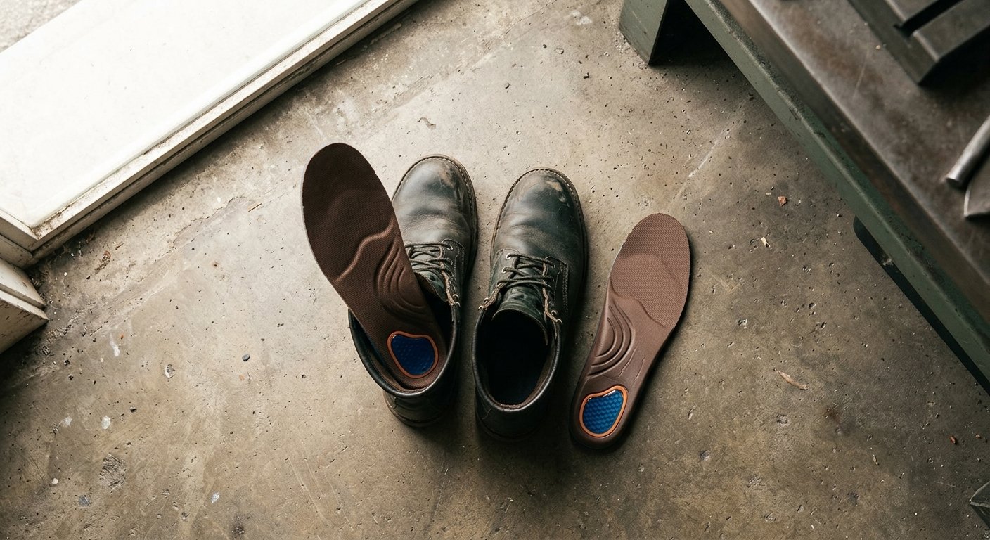 New work boots beside supportive insoles on a hard floor