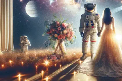 Bride and astronaut standing together in a candlelit cosmic garden with a glowing heart-shaped constellation
