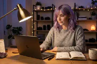 Mira at a cozy late-night desk with soft lighting, notebook, and subtle celestial details