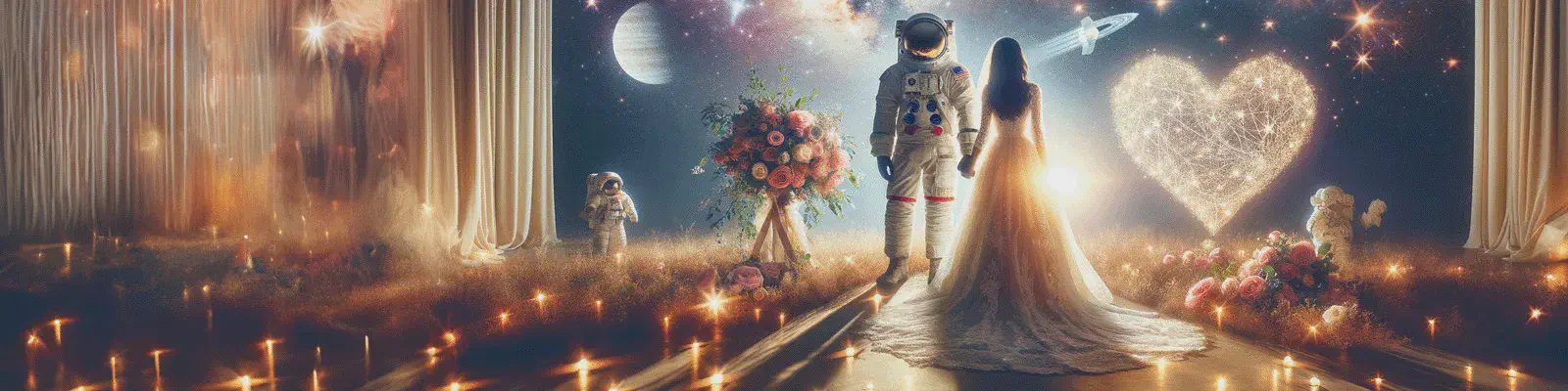 Bride and astronaut standing together in a candlelit cosmic garden with a glowing heart-shaped constellation