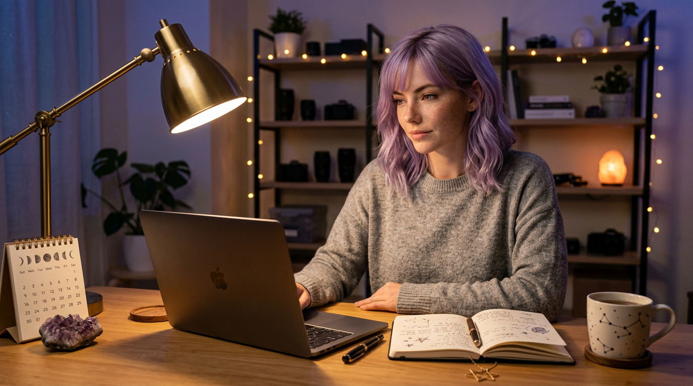 Mira at a cozy late-night desk with soft lighting, notebook, and subtle celestial details