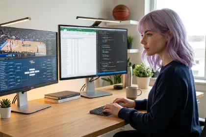 Mira working at a dual-monitor desk during March tournament season with a game and bracket on one screen