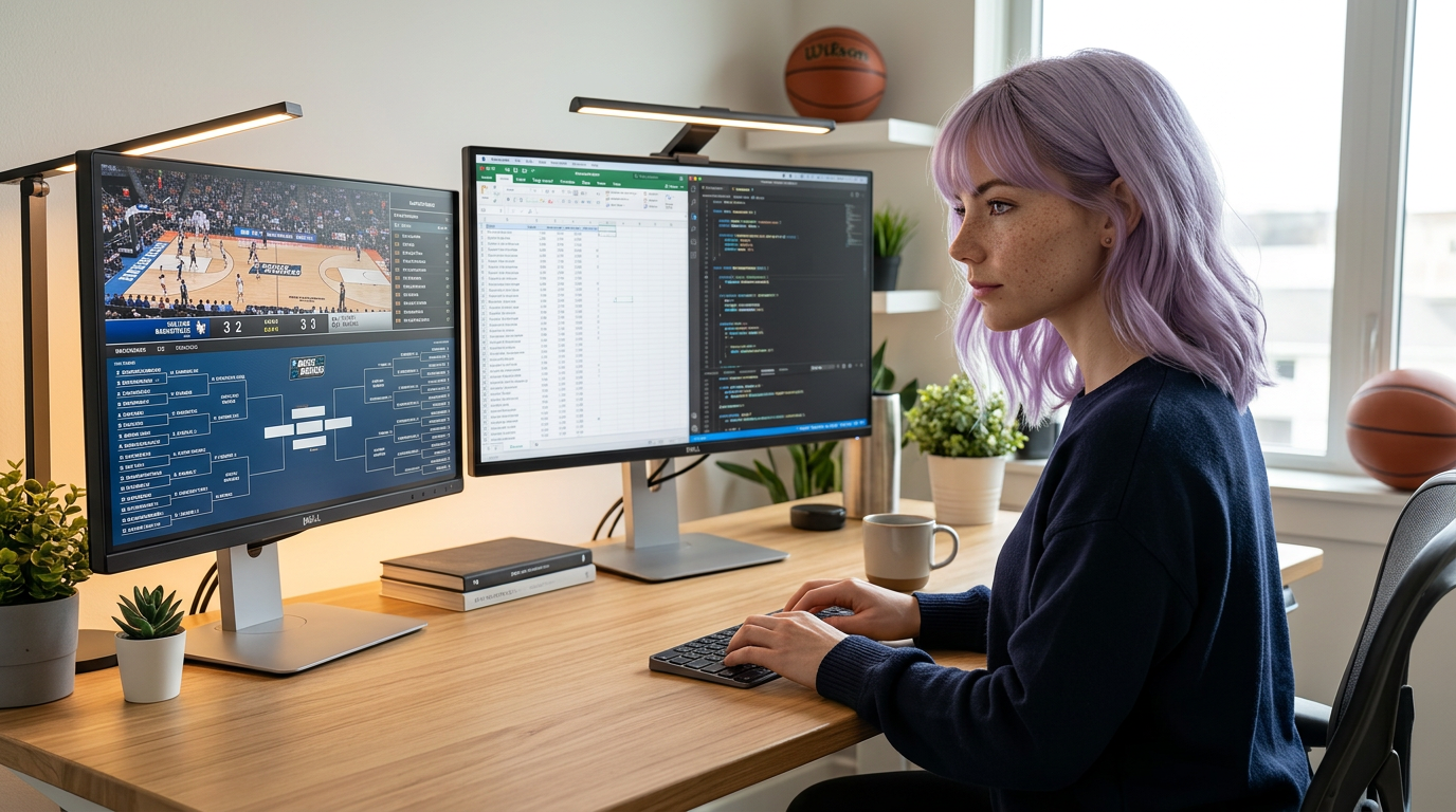 Mira working at a dual-monitor desk during March tournament season with a game and bracket on one screen