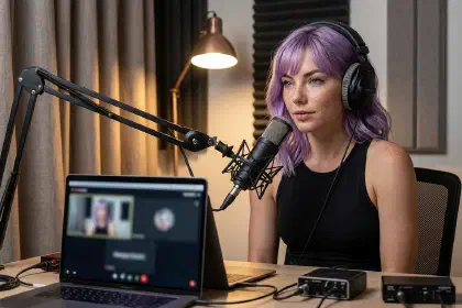 Creator desk with microphone, headphones, acoustic treatment, and a call audio test setup