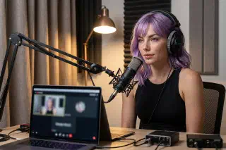 Creator desk with microphone, headphones, acoustic treatment, and a call audio test setup