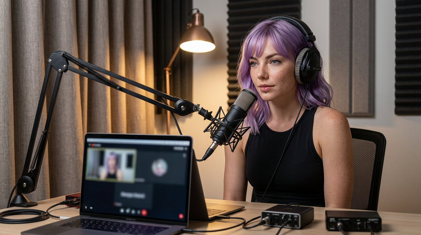 Creator desk with microphone, headphones, acoustic treatment, and a call audio test setup