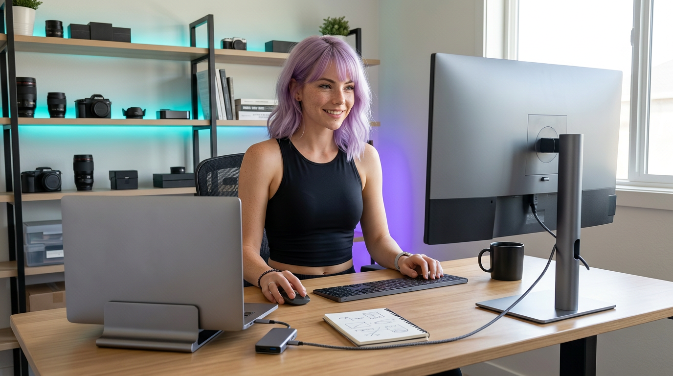 Mira at a streamlined desk with one unified setup, dock, and display path