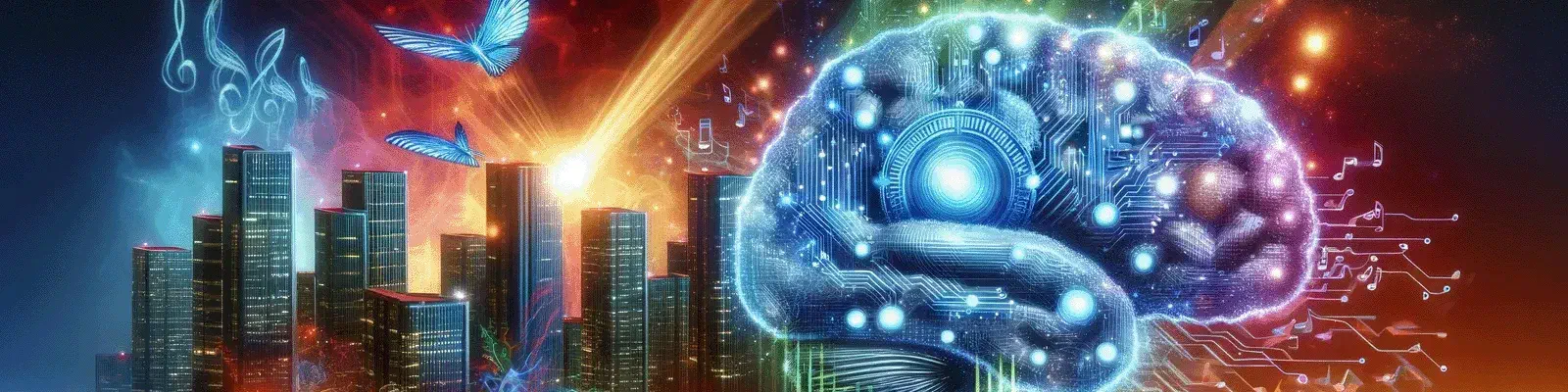 Neon city skyline and glowing circuit-like brain with butterflies and music notes