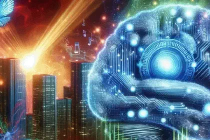 Neon city skyline and glowing circuit-like brain with butterflies and music notes