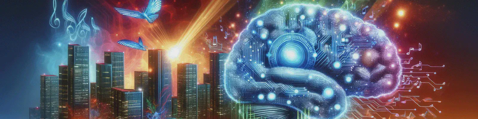 Neon city skyline and glowing circuit-like brain with butterflies and music notes