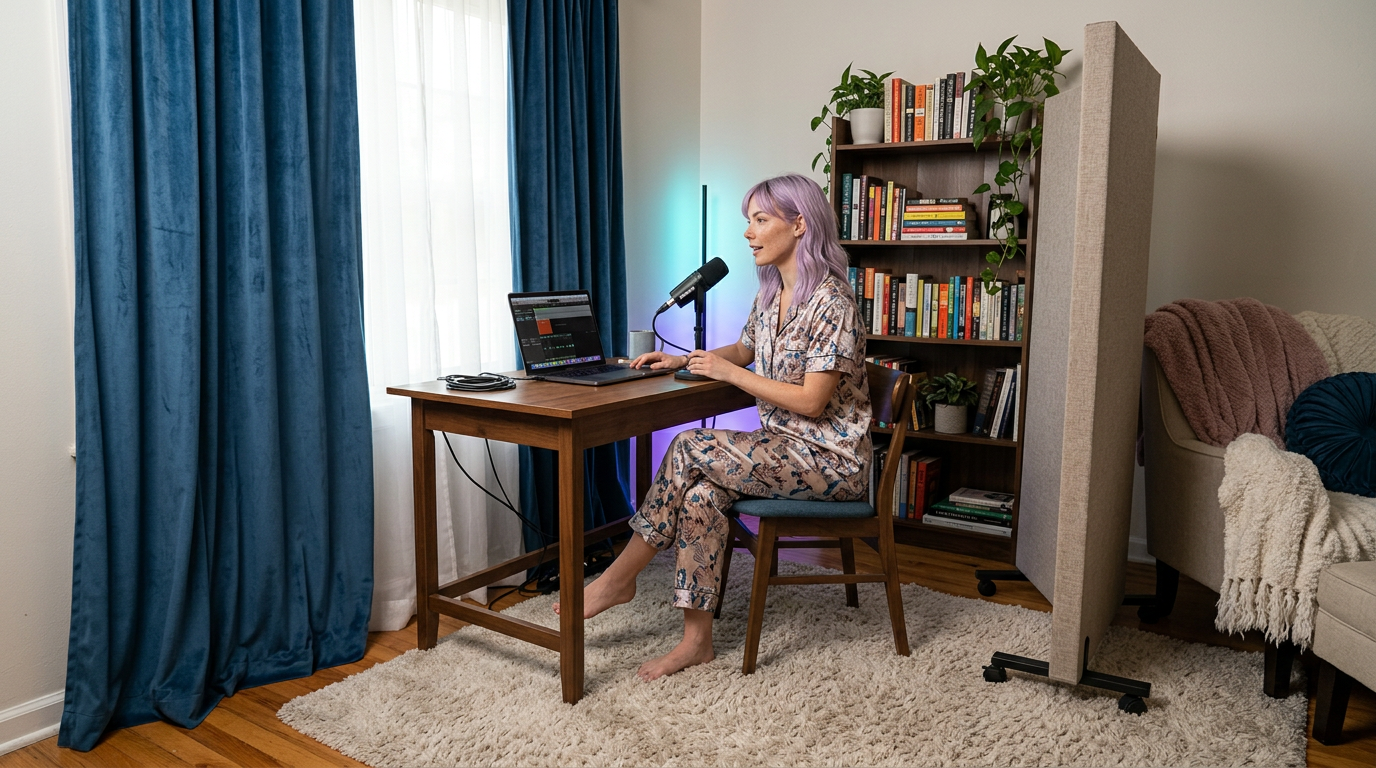 Mira recording at a small apartment desk with curtains, rug, bookshelf, and a movable acoustic panel