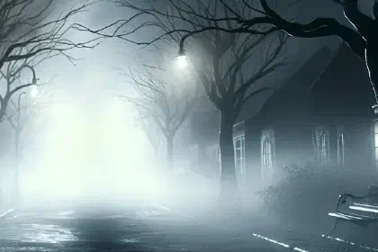 Foggy night street with bare trees and dim lamps creating a horror movie mood