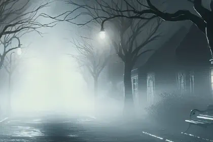 Foggy night street with bare trees and dim lamps creating a horror movie mood