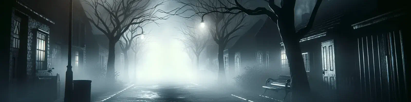 Foggy night street with bare trees and dim lamps creating a horror movie mood
